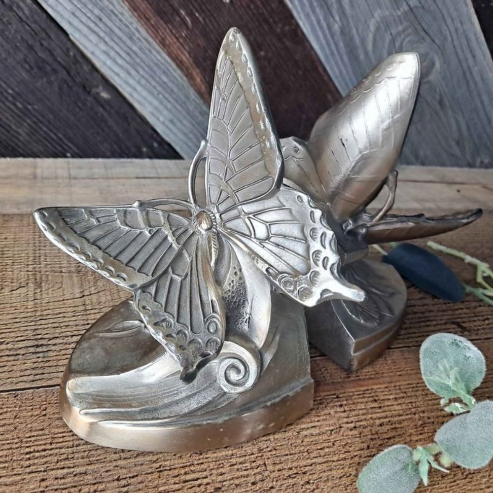 Vintage Brass with Silver Finish Butterfly Bookend